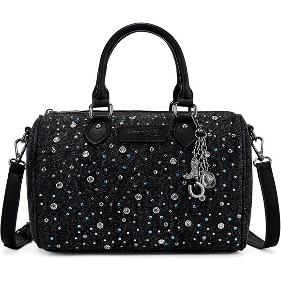 Wrangler Handbags - Montana West Wrangler Rhinestone Denim Barrel Bag Crossbody Satchel Purse Black